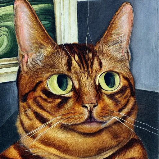 Prompt: high quality high detail painting by lucian freud, hd, brown cat with yellow eyes