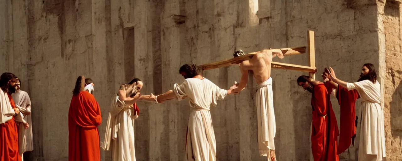 Image similar to jesus being taken to the cross wearing a spaghetti robe, ancient rome, architectural, minimal, canon 5 0 mm, wes anderson film, kodachrome, retro