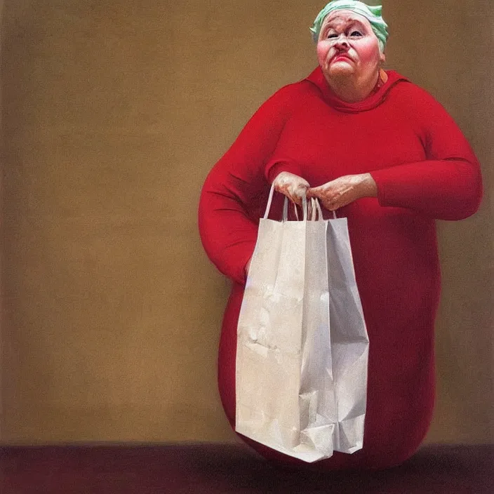 Image similar to melting old fat woman portrait with a white paper bag over the head, dressed in red paper bags, holding stack of green paper bags, highly detailed, artstation, art by edward hopper, zdislav beksinski, wayne barlowe, edward hopper