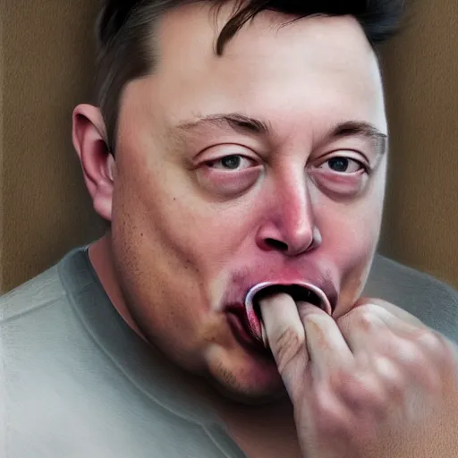 Image similar to stunning award winning hyperrealistic hdr 8 k highly detailed portrait photo of morbidly obese elon musk eating a rocket