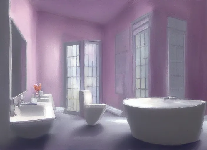 Image similar to placid pastel morning cute painterly fluffy bathroom trending on pixiv