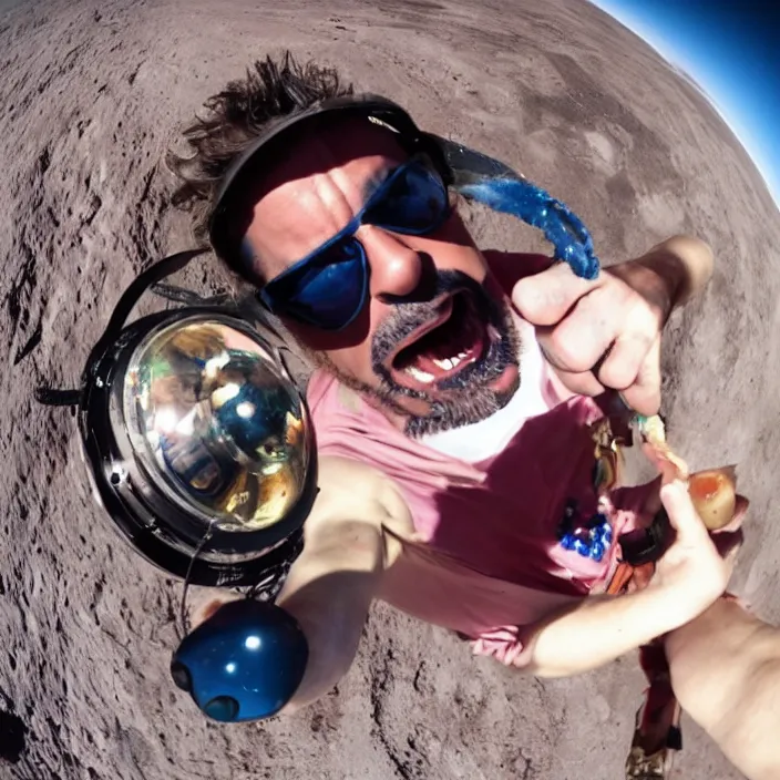 Image similar to robert downey jr eating a delicious hot dog on the moon, gopro selfie with a fisheye lens