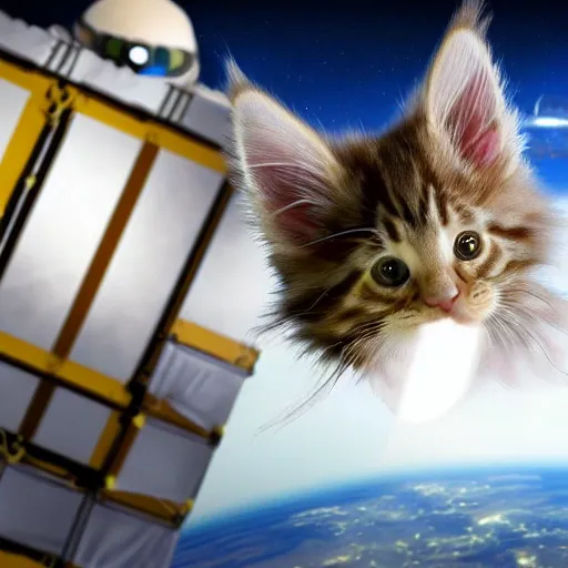 Image similar to 3D realistic action sequence of an astronaut ((cream colored maine coon kitten)) floating next to the James Webb Telescope in outer space, an unopened bag of kitty litter floats nearby, in the background friendly cute cute cute alien spacecraft