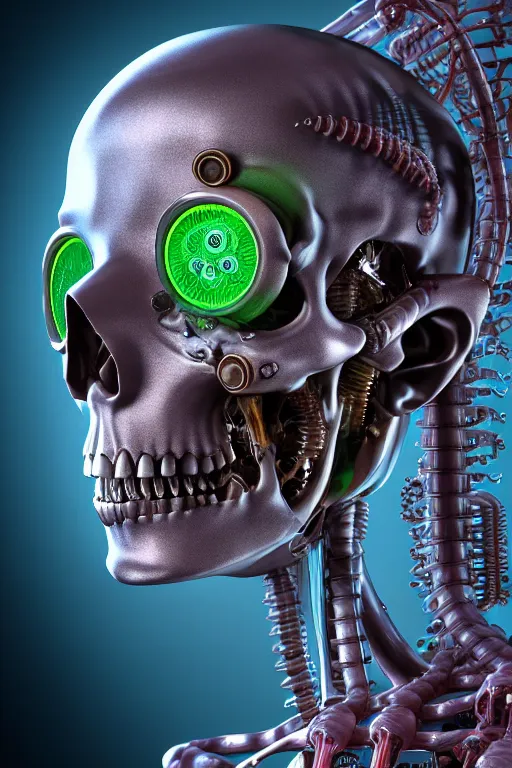 Prompt: 3D render of a STEAMpunk cyborg with translucent skull filled with a fractal of liquid mercury switches, neon eyeballs, titanium skeleton, anatomical, latex flesh and facial muscles, neon wires, microchips, electronics, veins, arteries, glowing, highly detailed, octane render, global lighting by H.R. Giger and Johanna Martine and Jeffrey Smith AND ERIN HANSON, background of outer space neon nebulas by Pilar Gogar, 8K HDR