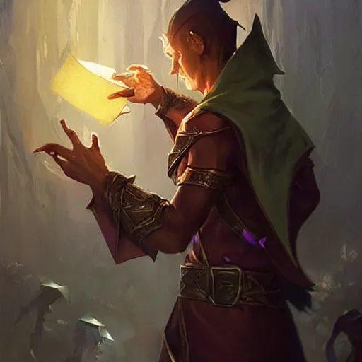 Image similar to magic elf magician performing a card trick, fantasy game art by greg rutkowski, fantasy rpg, league of legends