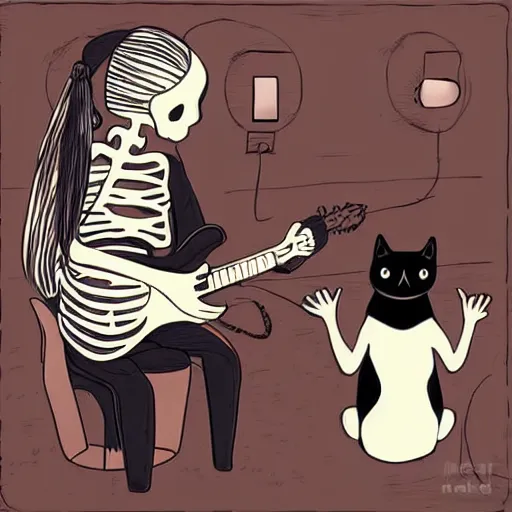 Image similar to skeleton wearing headphones watching girl playing guitar with her black cat standing next to her, digital art