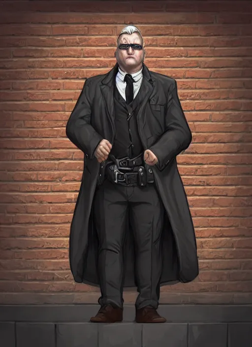 Image similar to a highly detailed illustration of 6 7 year - old clean - shaven chubby chubby chubby white man wearing black detective coat with necktie, heroic pose, brick wall background, intricate, elegant, highly detailed, centered, digital painting, artstation, concept art, smooth, sharp focus, league of legends concept art, wlop.