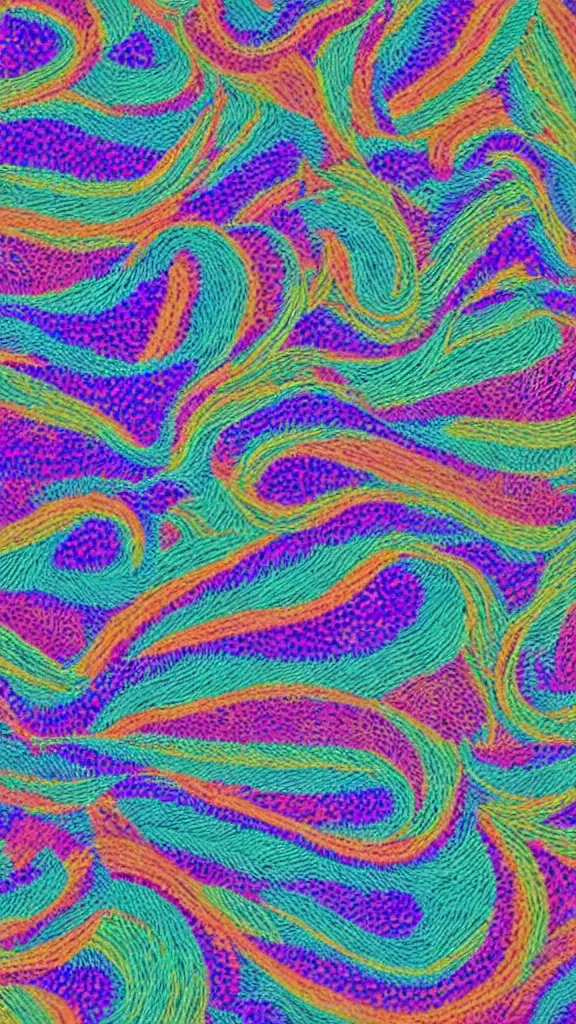 Image similar to wave, particle, synth, frequencies, pattern, osciliation. wave-particle duality. textile. embroidery. colorful.
