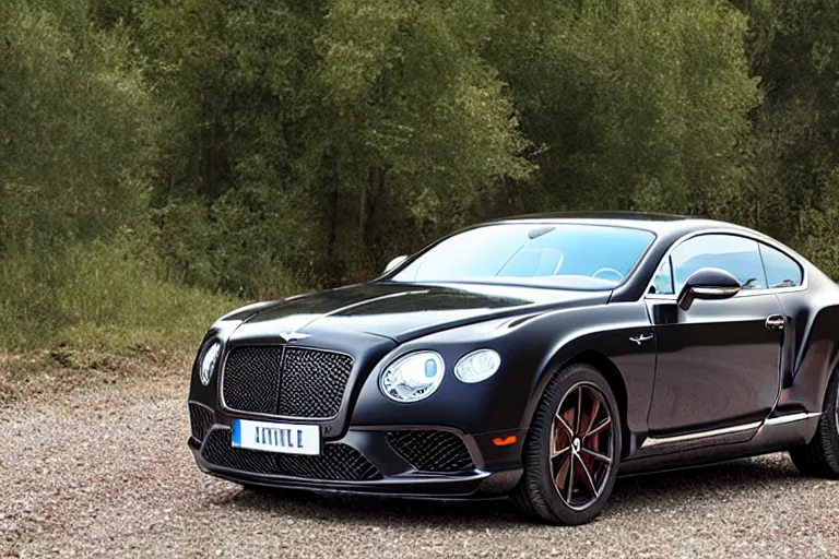 Image similar to modern rusty matte tired Bentley Continental GT without gloss no reflections drives along the road of an old Russian village with houses at the edges