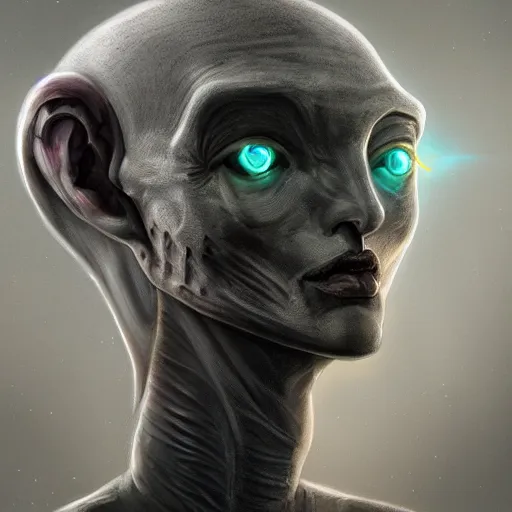 Image similar to portrait of a grey alien with technological jewelry, science fiction, menacing, confident, intricate, headshot, highly detailed, digital painting, artstation, concept art, sharp focus, cinematic lighting, illustration, cgsociety