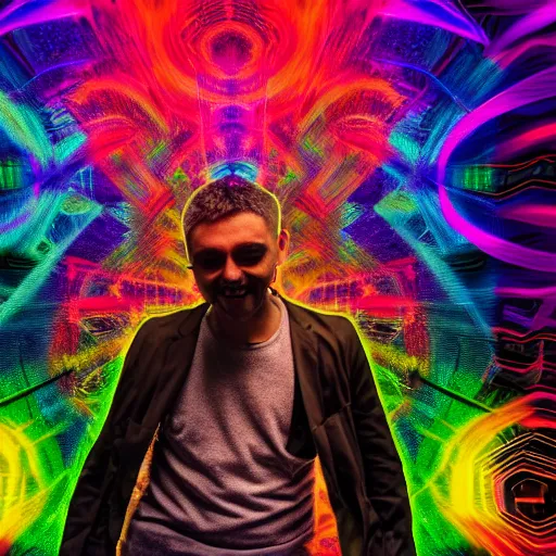 Image similar to a man dancing the night away, berlin techno club, lsd trip, portrait, 4 k photograph, 8 k photograph, professional photography, trippy art