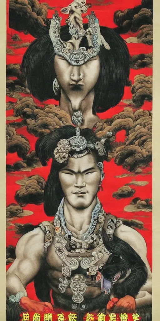 Prompt: chinese propaganda poster with dog as a god as the centerpiece, detailed face, gorgeous, amazing, flowing hair, very muscular male body, caesar victorious, proud emperor, crepuscular ray, intricate, highly detailed