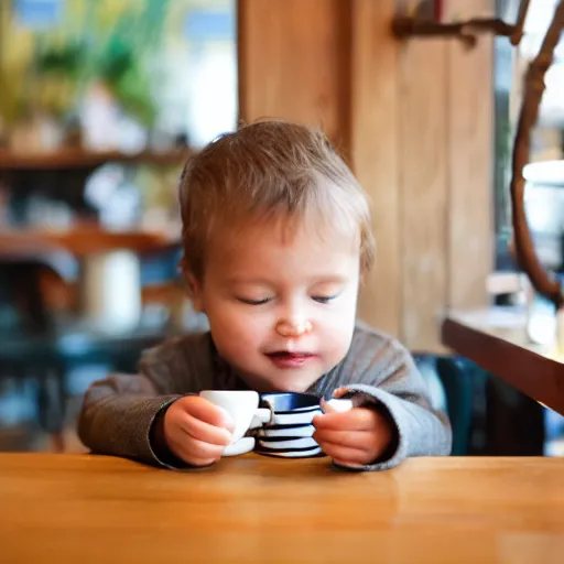 Prompt: a toddler sipping an espresso in a coffee shop