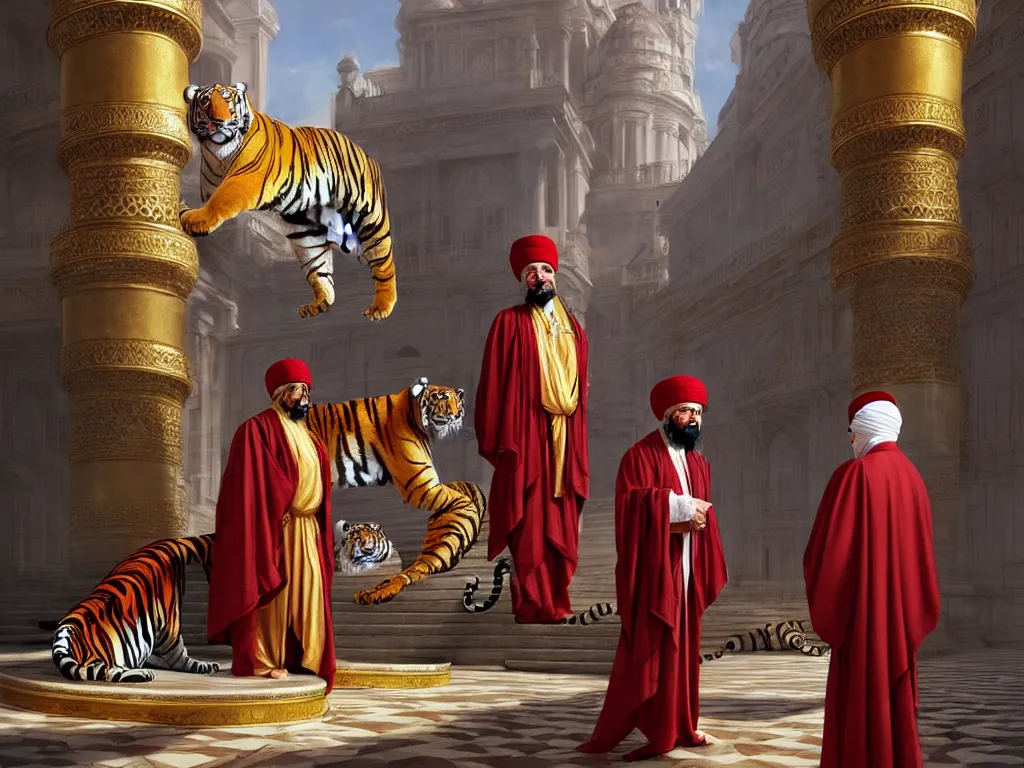 Prompt: moor with fez and turban in gilded silken robes with pet tiger at his side in front of immaculate palace intricate. highly detailed highly detailed, photorealistic, octane render, 8 k, unreal engine. art by artgerm and greg rutkowski and wayne barlowe