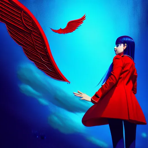 Image similar to giant droplets of water floating around a flying girl with wings, sky blue straight hair, low - angle shot from behind, red tailcoat, high collar, ultra fine detail, dark theme, digital painting, psychedelic, film still, cinematic, wlop, ilya kuvshinov, ross tran