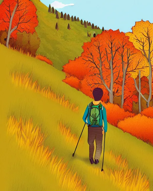 Prompt: autumn hillside boy hiking illustration detailed, by alba ballesta gonzalez