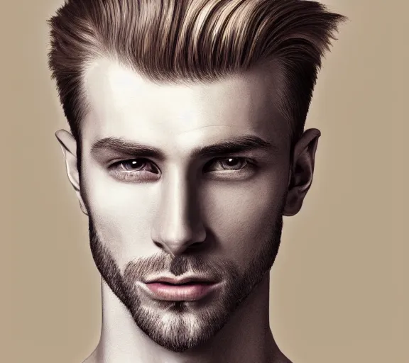 Image similar to hyper realistic portrait of a man with blonde two sides hair and thin face lines