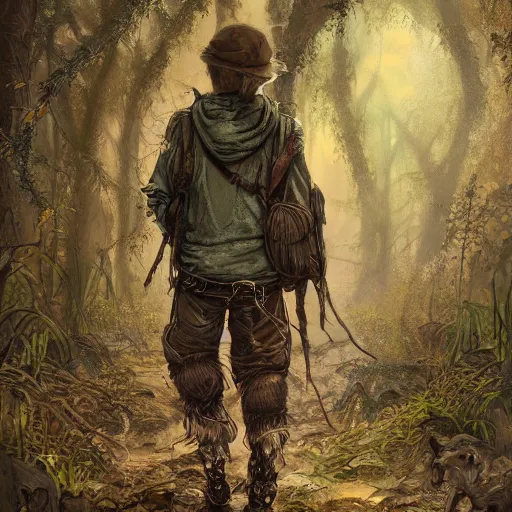 Image similar to the weary way - worn wanderer in an obscure wood, metallic colors, deep perspective, hyper detailed, extreme detail, digital art, high quality, trending on artstation, artstation