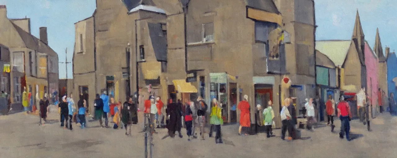 Prompt: a painting of street life in kirkwall orkney, Oil painting