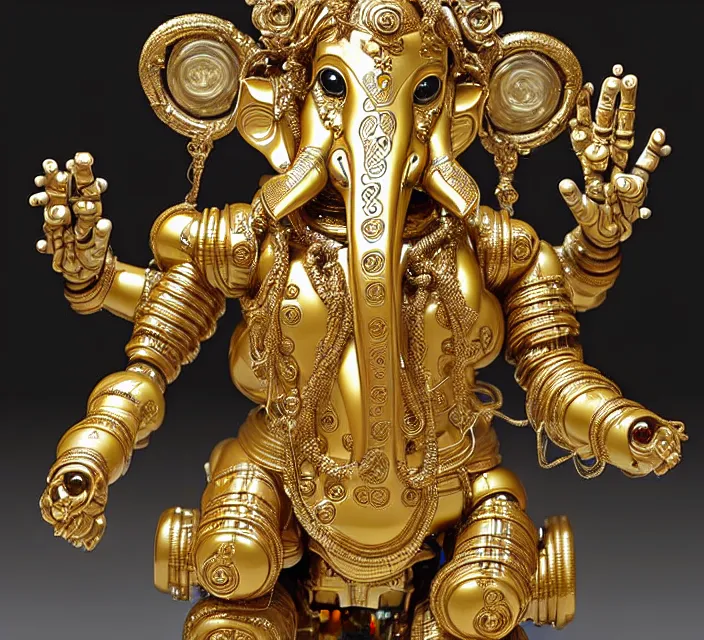 Prompt: beautiful cybernetic baroque robot ganesha, beautiful baroque porcelain face + body is clear plastic, inside organic robotic tubes and parts, symmetric, front facing, wearing translucent baroque rain - jacket + symmetrical composition + intricate details, hyperrealism, wet, reflections + by alfonse mucha and moebius, no blur dof bokeh