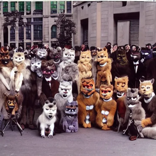 Image similar to The geneva furry convention, photograph, colourised, 1984