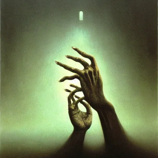 Image similar to hand and arm reaching out of thick fog, zdzislaw beksinski