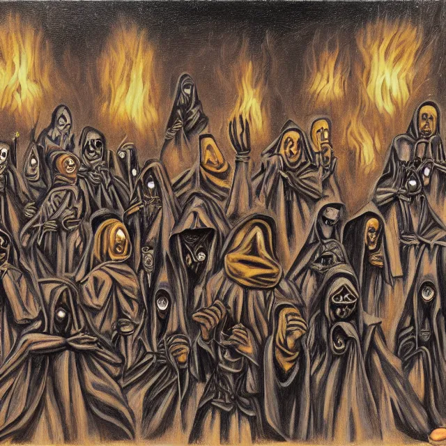 Image similar to several hooded disciples in purge masks, gathered in a brutalist courtyard, performing incantations over a fire in a barrel, by PJ Crook, oil on canvas