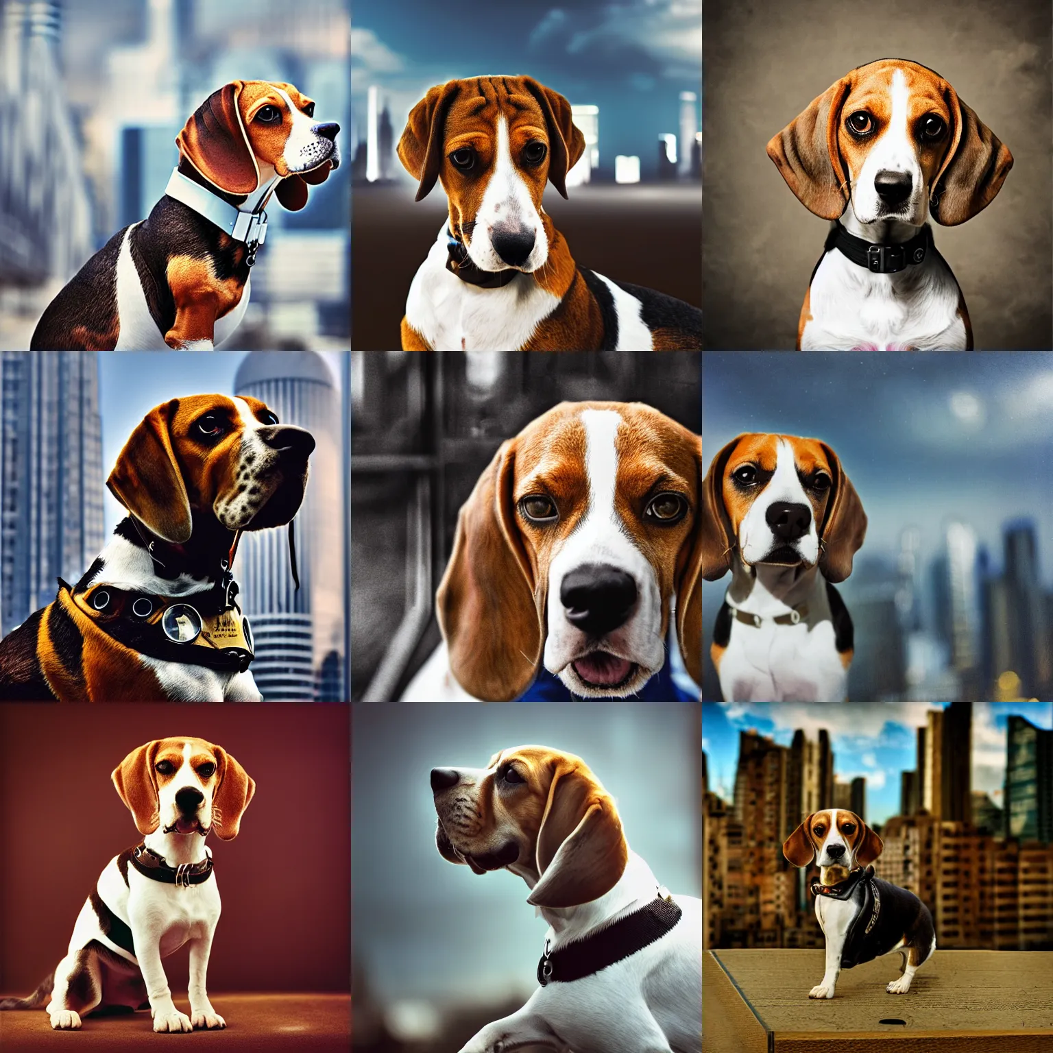 Prompt: sublime portrait of a beagle, futuristic city background, medium format shot, steampunk style