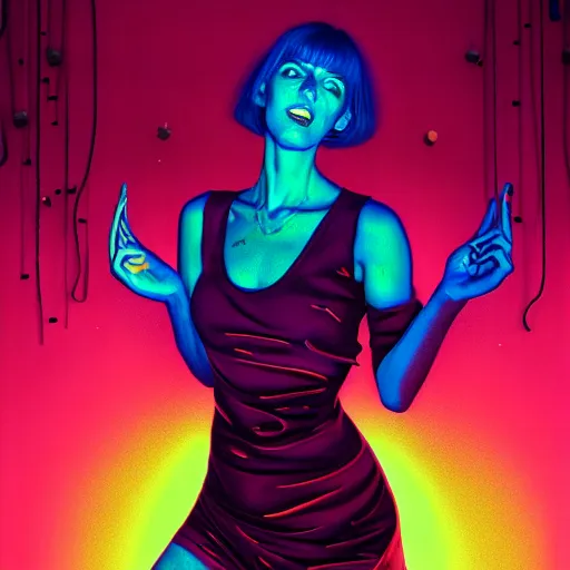 Prompt: portrait of an attractive woman dancing, ibiza techno club, night, neon lighting, by martine johanna and simon stalenhag and chie yoshii and casey weldon and wlop : : ornate, dynamic, particulate, rich colors, intricate, elegant, highly detailed, vogue, harper's bazaar art, fashion magazine, smooth, sharp focus, 8 k