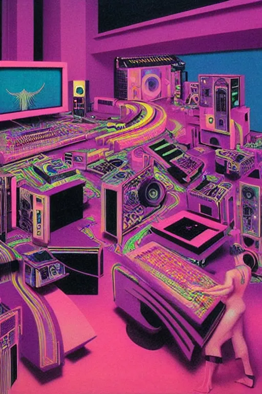 Prompt: 8 0 s art deco synthesizers, speakers, computers, cinematic dramatic cyberpunk textural fluid lines purple, pink, blue, green. otherworldly vaporwave interesting details fantasy lut epic composition by basquiat zdzisław beksinski james jean artgerm rutkowski moebius francis bacon gustav klimt