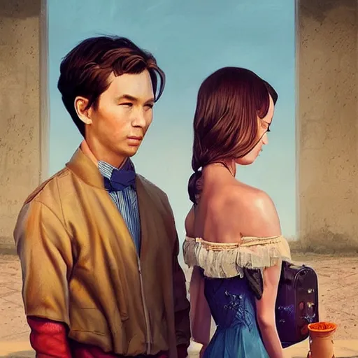 Image similar to a beautiful scenic painting by artgerm and wlop and wes anderson and spike jonze