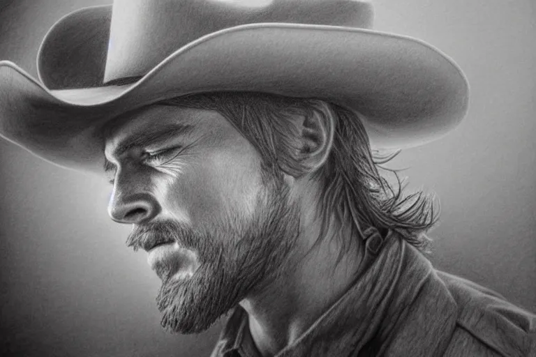 Prompt: hyperrealist pencil drawing of a cowboy by david malan, fantasy art, drawing, dynamic lighting, artstation, poster, volumetric lighting, very detailed faces, 4 k, award winning