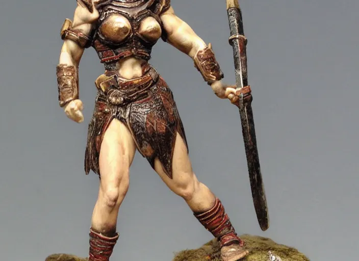 Prompt: Images on the sales website, eBay, Miniature of a very muscular female warrior,