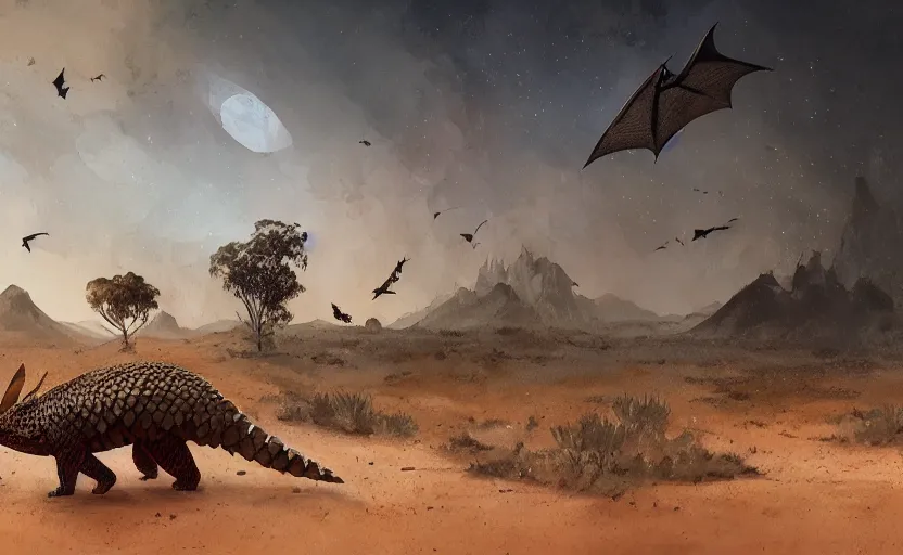 Prompt: pangolin and bat in australia desert, beautiful mountains, hyperrealism, no blur, 4 k resolution, ultra detailed, style of anato finnstark, ismail inceoglu, hans thoma, jonathan solter, ute osterwalder - c 1 1