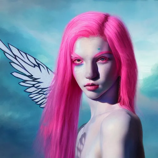 Prompt: beautiful warrior angel with pink hair, upper body, blue piercing eyes, mystery, beautiful aesthetic, by james jean, trending on artstation, 8 k, ultra realistic