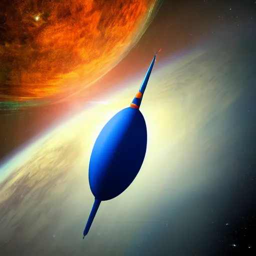 Image similar to Blue Ariane rocket with orange planet in background in space, photorealistic