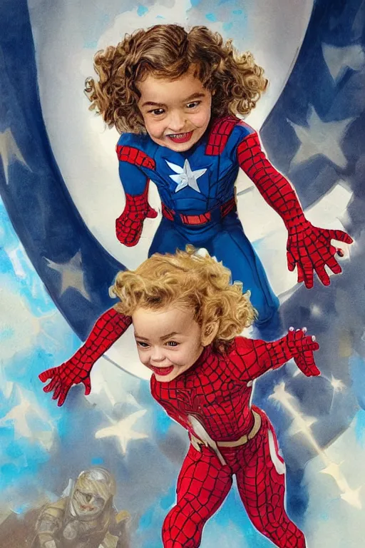 Image similar to a little girl with a mischievous face and light brown curly wavy hair. she is dressed as captain america, spider - man, batman, captain marvel, a superhero. clean elegant painting, beautiful detailed face. by steve ditko and jack kirby and greg rutkowski