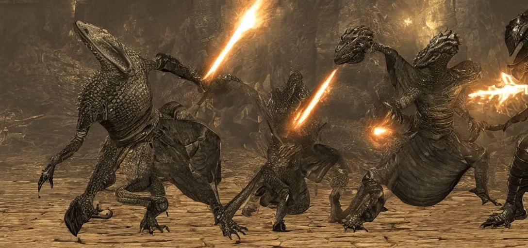 Image similar to lizards in dark souls armor battling a boss