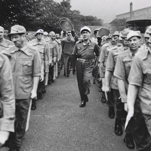 Image similar to mario as prison camp guard marching, wwii