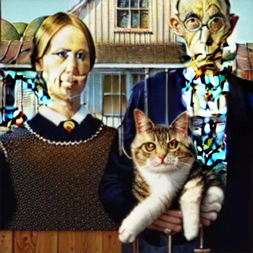 Image similar to american gothic but the man has a tabby cat face,