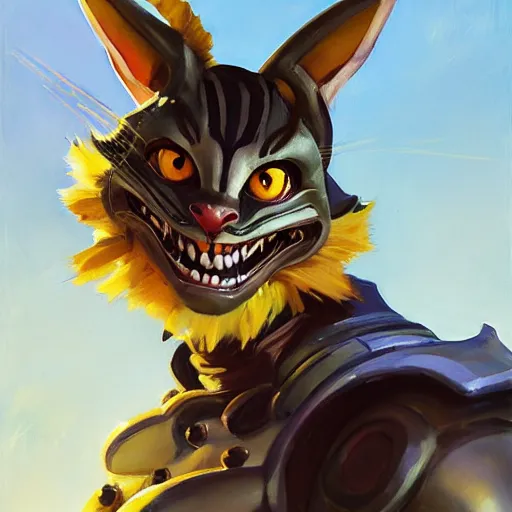 Image similar to greg manchess portrait painting of partially armored cheshire cat from alice in wonderland as overwatch character, medium shot, asymmetrical, profile picture, organic painting, sunny day, matte painting, bold shapes, hard edges, street art, trending on artstation, by huang guangjian, gil elvgren, ruan jia, randy vargas, greg rutkowski