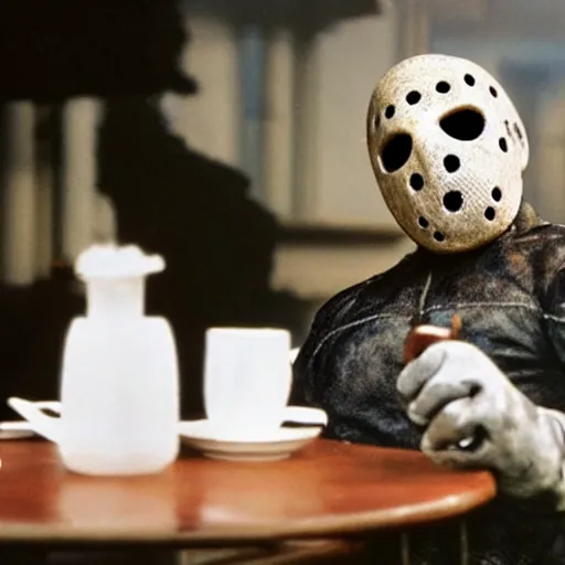 Image similar to photograph of jason voorhees having a coffee at an european caffé