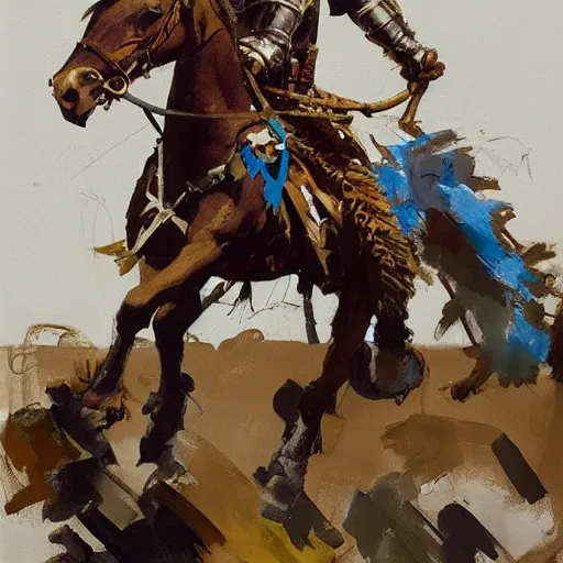 Prompt: mel gibson as rider with couched jousting lance, medieval helmet, colorful caparisons, chainmail, detailed by greg manchess, craig mullins, bernie fuchs, walter everett