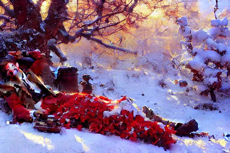 Image similar to winter, a clean - shaven white businessman relaxing under a world tree with red flowers, ground covered with snow, extreme long shot, painting by gaston bussiere, craig mullins, j. c. leyendecker, trending on artstation