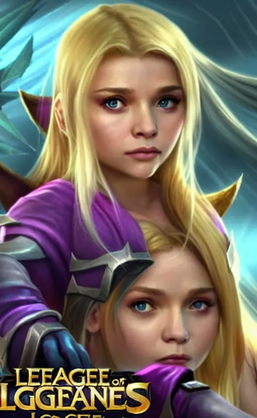 Image similar to Chloë Grace Moretz as a character in the game League of Legends, with a background based on the game League of Legends, detailed face, old 3d graphics