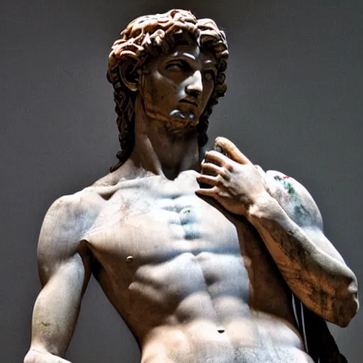 Prompt: Michelangelo's David statue crying blood, ultra realistic, photo, detailed, cinematic lighting