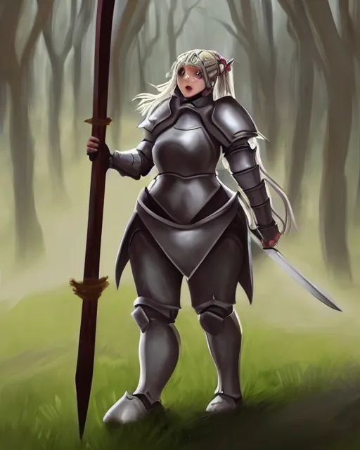 Image similar to concept art of a thicc knight girl, wearing heavy medival knight armor, holding a long sword, walking through a foggy oak forest | | epic - fine - clean, polished, trending on artstation, brush strokes