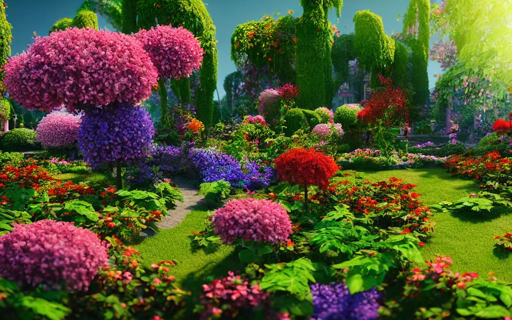 Image similar to a sprawling garden with many flowers and vines, sunny day, beautiful lighting, vivid colors!, highly detailed, cinematic, octane render, 4 k, trending on artstation, deviantart featured