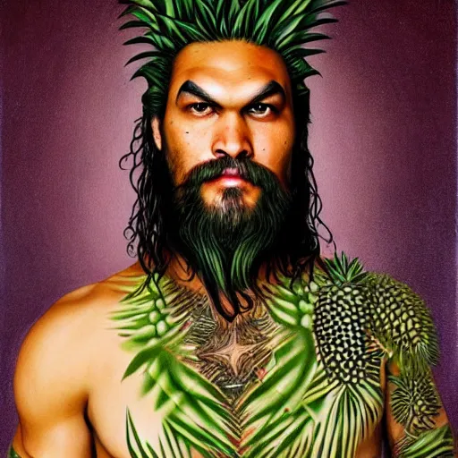 Prompt: jason momoa as a pineapple, lowbrow painting by mark ryden