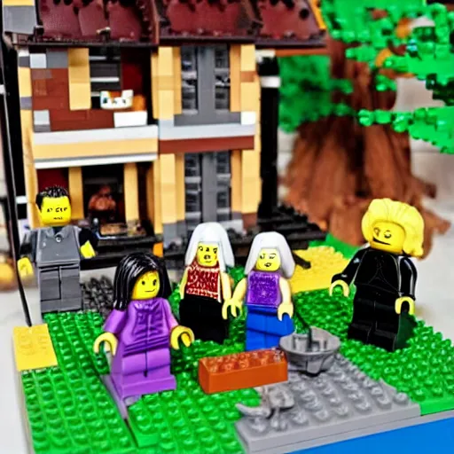 Image similar to Salem witch trials Lego set, burning at the stake legos, witch tied to a stake, mob Justice legos